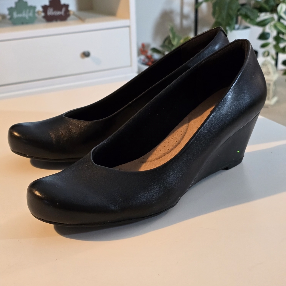 Clarks Black Leather Wedge Shoes